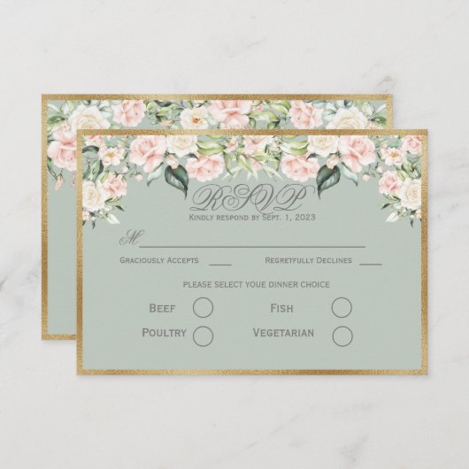 Elegant Floral Sage Green Gold Script Weduwschap R RSVP Kaartje (Voorkant / Achterkant)