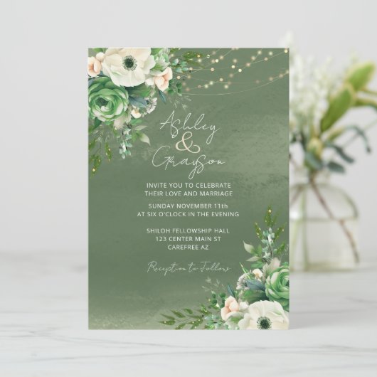 Elegant Floral Sage Green Wedding Kaart (Staand voorkant)