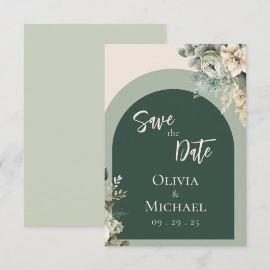 Elegant Floral Sage Green Wedding Save the Date (Voorkant / Achterkant)