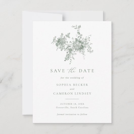 Elegant Floral Sage Green Wedding Save the Date Kaart (Voorkant)