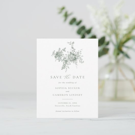 Elegant Floral Sage Green Wedding Save the Date Kaart (Staand voorkant)