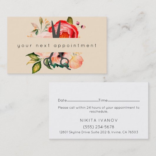 Elegant Floral Salon Scissors Logo Benoeming Visitekaartje (Voorkant / Achterkant)