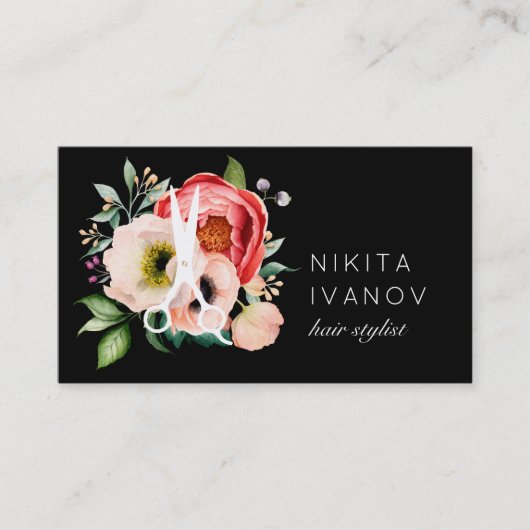 Elegant Floral Salon Scissors Logo Benoeming Visitekaartje (Voorkant)