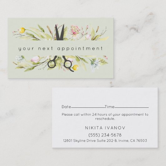 Elegant Floral Salon Scissors Logo Benoeming Visitekaartje (Voorkant / Achterkant)