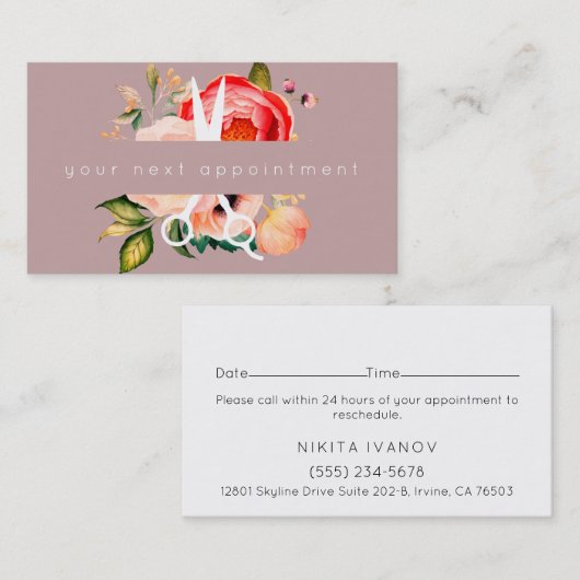 Elegant Floral Salon Scissors Logo Benoeming Visitekaartje (Voorkant / Achterkant)