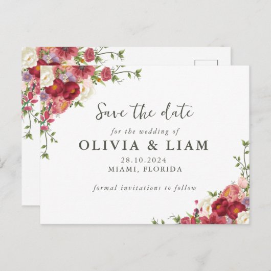 Elegant Floral Save the Date Post Card Uitnodiging Briefkaart (Voorkant / Achterkant)