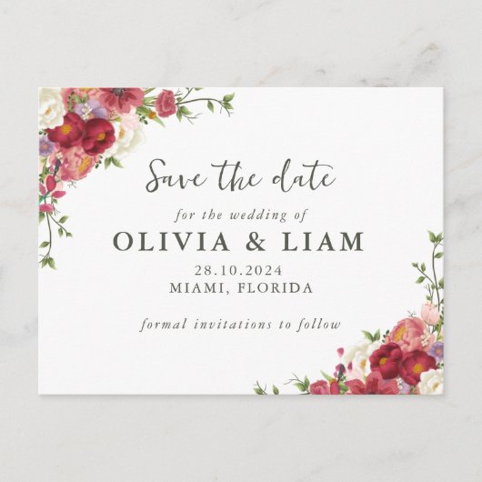 Elegant Floral Save the Date Post Card Uitnodiging Briefkaart (Voorkant)