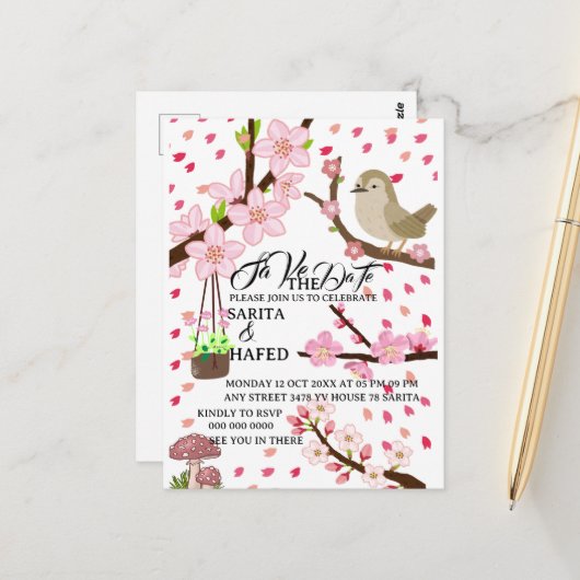 Elegant floral save the date template, wildflower briefkaart (Voorkant / Achterkant in situ)