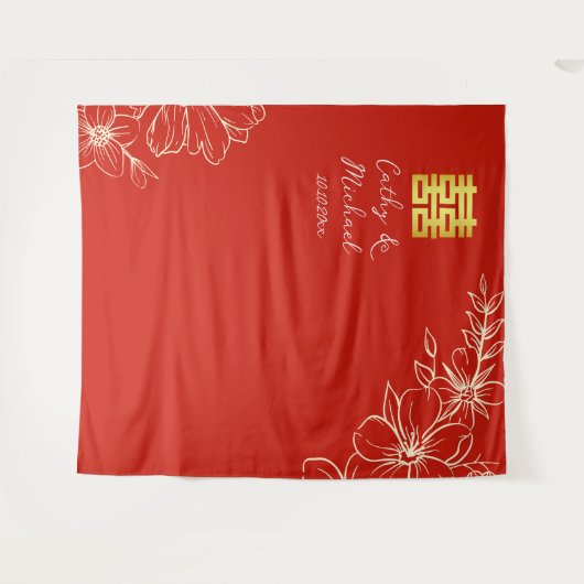 Elegant floral script Chinese bruiloft red backdro Wandkleed (Voorkant (horizontaal))