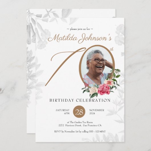Elegant Floral Script Custom Photo 70th Birthday Kaart (Voorkant / Achterkant)