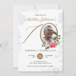 Elegant Floral Script Custom Photo 70th Birthday Kaart