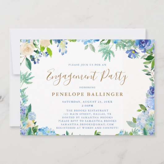 Elegant Floral Script Dusty Blue Engagement Party Kaart (Voorkant)