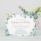 Elegant Floral Script Dusty Blue Engagement Party Kaart (Staand voorkant)