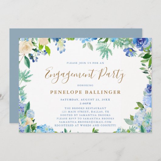Elegant Floral Script Dusty Blue Engagement Party Kaart (Voorkant / Achterkant)