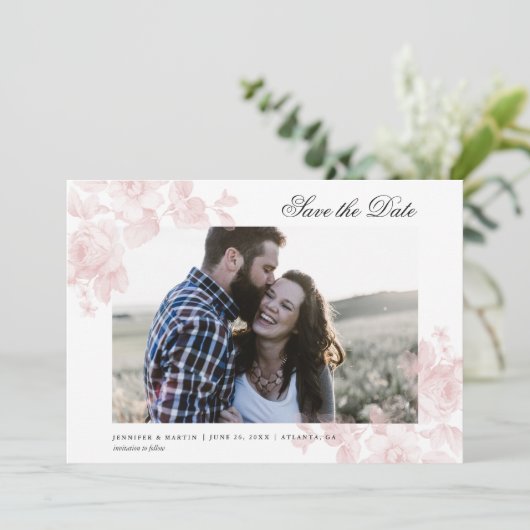 Elegant Floral Script Photo Wedding Save The Date (Staand voorkant)