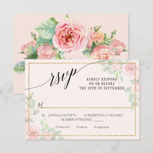 Elegant Floral Script roze Gold Waterverf Weddensc RSVP Kaartje (Voorkant / Achterkant)