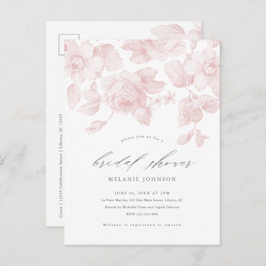 Elegant Floral Script Roze Vrijgezellenfeest Uitnodiging Briefkaart (Voorkant / Achterkant)
