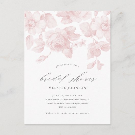 Elegant Floral Script Roze Vrijgezellenfeest Uitnodiging Briefkaart (Voorkant)