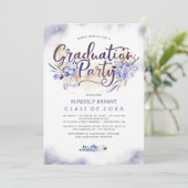 Elegant Floral Script Waterverf Graduparty Kaart (Staand voorkant)