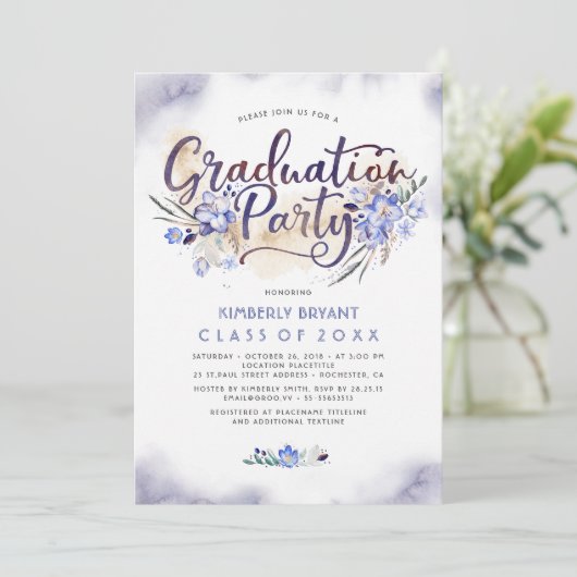Elegant Floral Script Waterverf Graduparty Kaart (Staand voorkant)