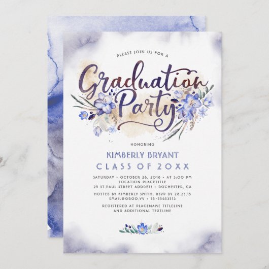 Elegant Floral Script Waterverf Graduparty Kaart (Voorkant / Achterkant)