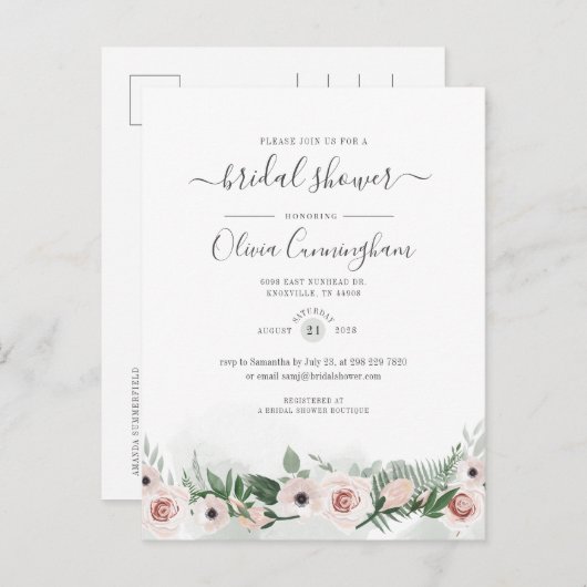 Elegant Floral Script Waterverf Vrijgezellenfeest Uitnodiging Briefkaart (Voorkant / Achterkant)