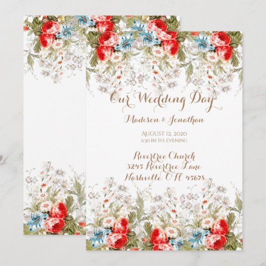 Elegant Floral Script Wedding Kaart (Voorkant / Achterkant)