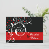 Elegant floral scroll leaf zwart, rood huwelijk kaart (Staand voorkant)