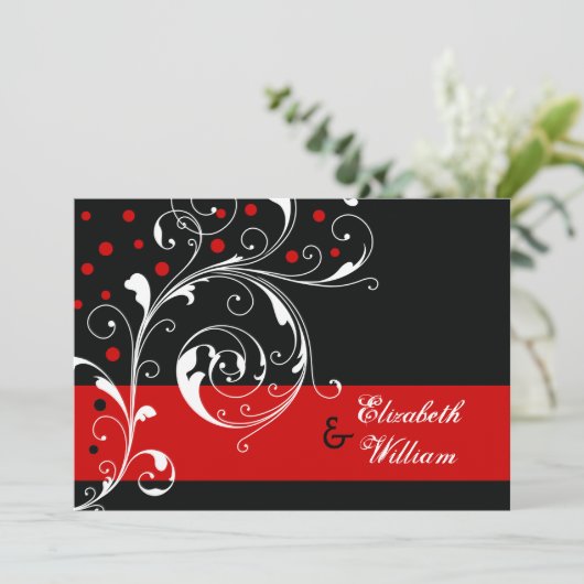 Elegant floral scroll leaf zwart, rood huwelijk kaart (Staand voorkant)