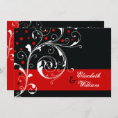 Elegant floral scroll leaf zwart, rood huwelijk kaart (Voorkant / Achterkant)