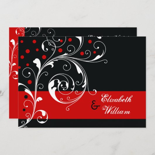 Elegant floral scroll leaf zwart, rood huwelijk kaart (Voorkant / Achterkant)