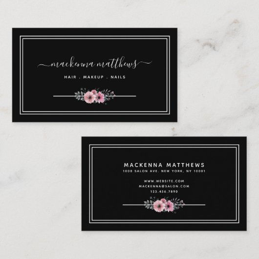 Elegant Floral Signature Script Haarstylist Salon Visitekaartje (Voorkant / Achterkant)