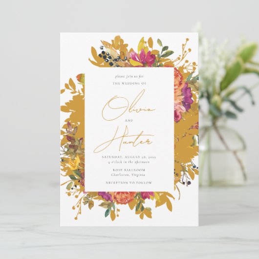 Elegant Floral Silhouette Mustard Yellow Weddensch Kaart (Staand voorkant)