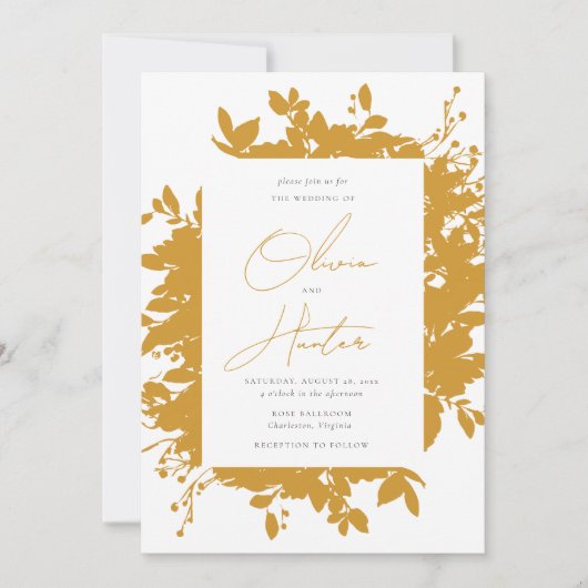 Elegant Floral Silhouette Mustard Yellow Wedding Kaart (Voorkant)