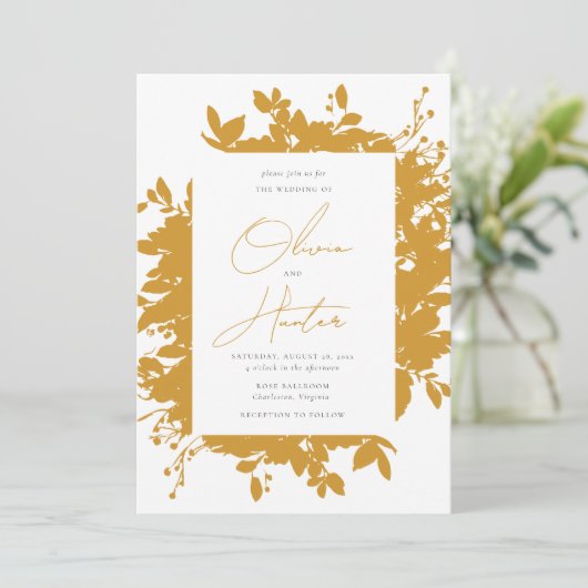 Elegant Floral Silhouette Mustard Yellow Wedding Kaart (Staand voorkant)