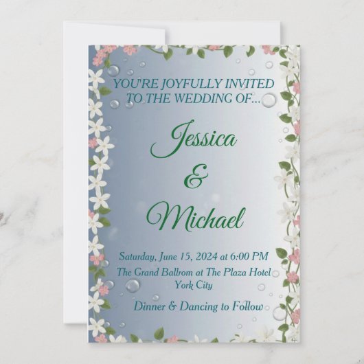 Elegant Floral Silver & Blue Wedding Invitation  Kaart (Voorkant)