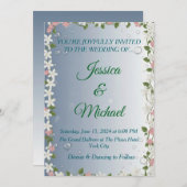 Elegant Floral Silver & Blue Wedding Invitation  Kaart (Voorkant / Achterkant)