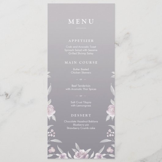 Elegant floral Silver Chinoiserie trouwmenu Menu (Voorkant)