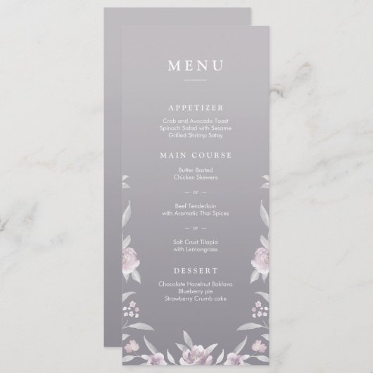 Elegant floral Silver Chinoiserie trouwmenu Menu (Voorkant / Achterkant)