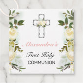 Elegant Floral Silver Cross 1st Heilige Communie Bedankjes Labels (Voorkant)