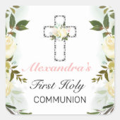 Elegant Floral Silver Cross 1st Heilige Communie Vierkante Sticker (Voorkant)