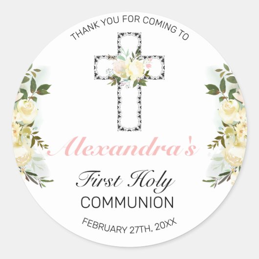 Elegant Floral Silver Cross First Heilige Communie Ronde Sticker (Voorkant)