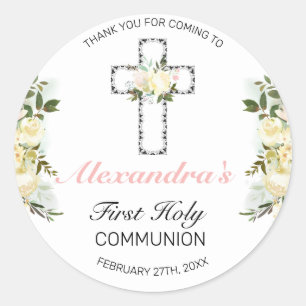 Elegant Floral Silver Cross First Heilige Communie Ronde Sticker