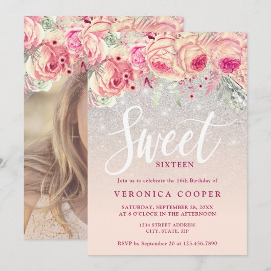 Elegant floral Silver-gliter, zoet zestien Kaart (Voorkant / Achterkant)