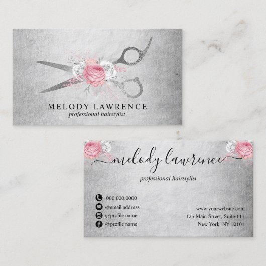 Elegant floral Silver roze schaar Visitekaartje (Voorkant / Achterkant)