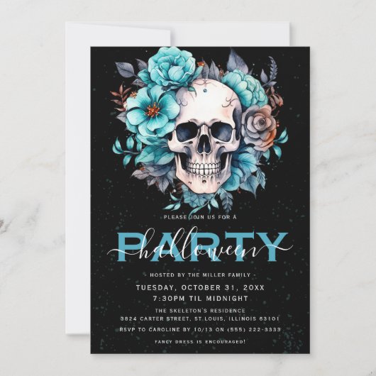 Elegant Floral Skull Adult Halloween Party Kaart (Voorkant)
