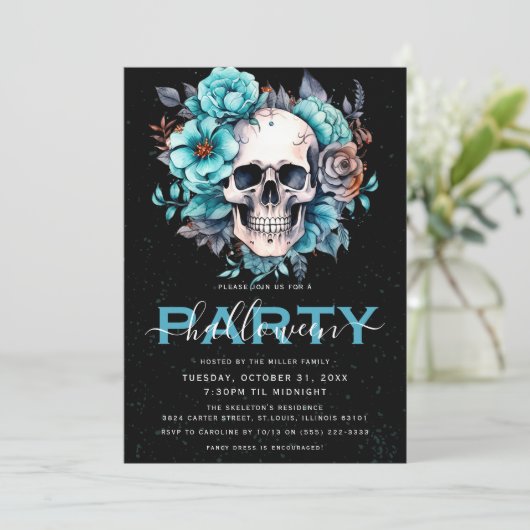 Elegant Floral Skull Adult Halloween Party Kaart (Staand voorkant)