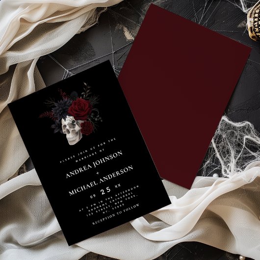 Elegant Floral Skull Halloween Wedding Wine Red Kaart