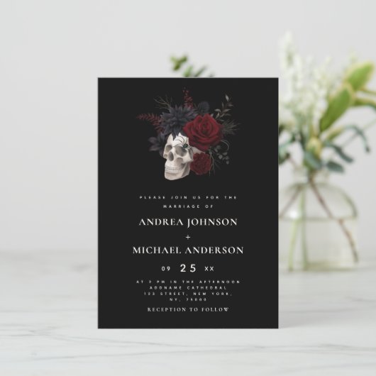 Elegant Floral Skull Halloween Wedding Wine Red Kaart (Staand voorkant)