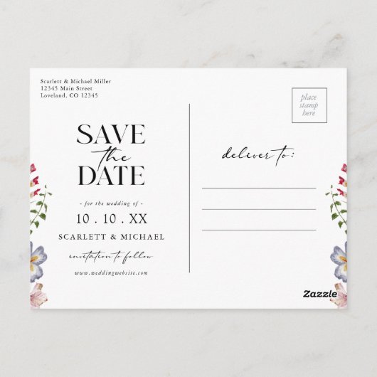 Elegant Floral slaat de datum op Briefkaart (Achterkant)